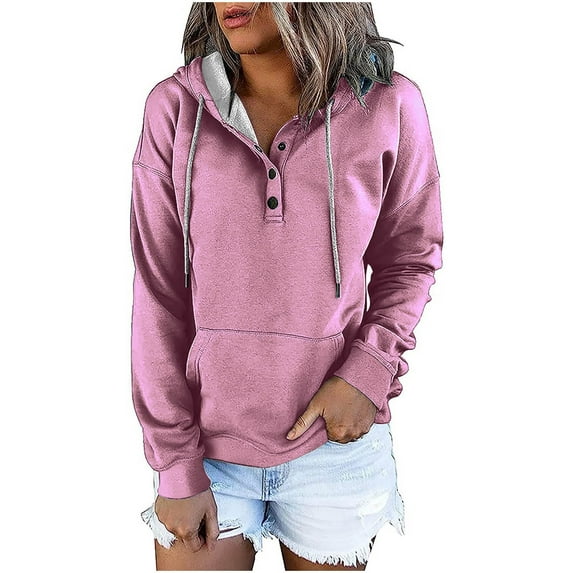 Women Hoodie pstuiky Sweatshirt for Women, Women Casual Hoodie Long-Sleeved Drawstring Lightweight Hoodie Sweatshirt Button Loose Pullover Top with Pockets Leisure Pink XXL