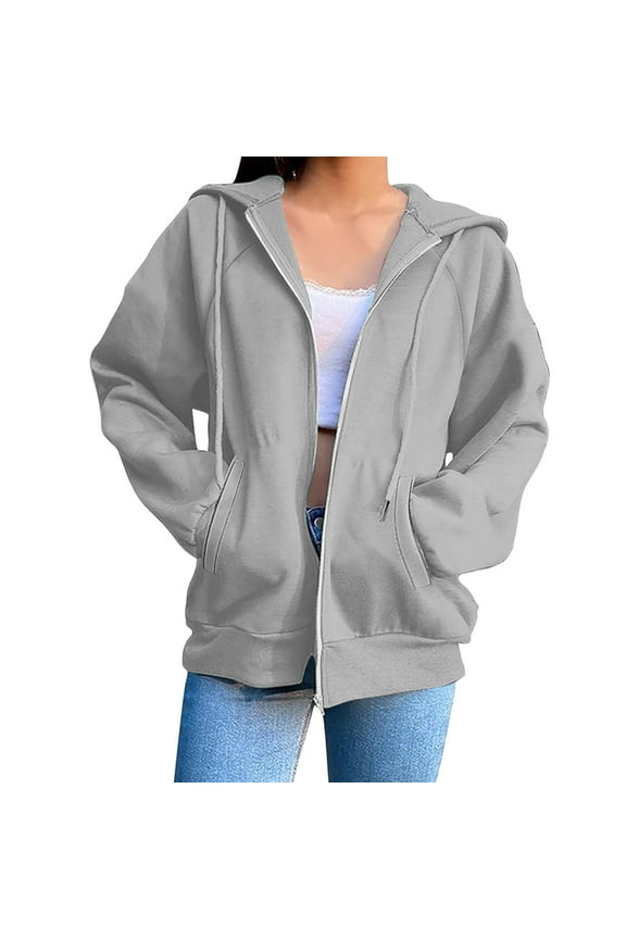 Women Hoodied Blouse Long Sleeve Tops Sweatshirt Pockets Plus Size Zip up Drawstring Solid Long Sleeve Hoodies Sweatshirts