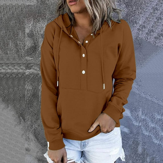 Women Hoodies Casual Button Down Fall Solid Long Sleeve Sweatshirt Drawstring Pullover Tops Blouse With Pocket Brown L