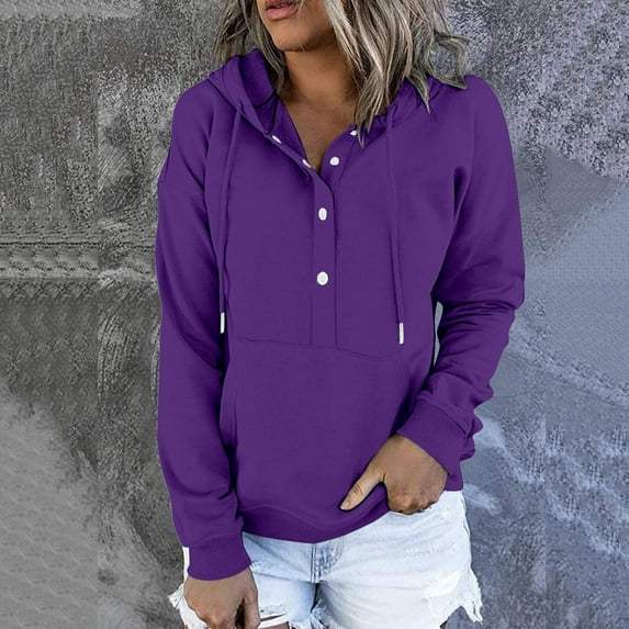 Women Hoodies Casual Button Down Fall Solid Long Sleeve Sweatshirt Drawstring Pullover Tops Blouse With Pocket Purple L