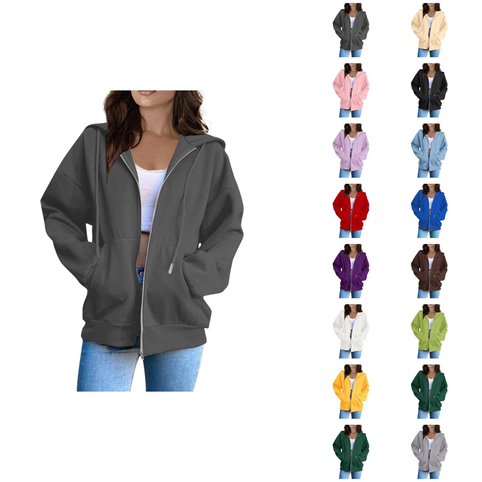 Women Hoodies Casual Hoodie Women Women Fashion Solid Loose Hooded Zipper Hoodie Long Sleeve Jacket Gray - M