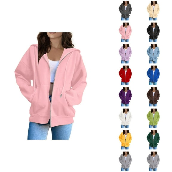 Women Hoodies Casual Hoodie Women Women Fashion Solid Loose Hooded Zipper Hoodie Long Sleeve Jacket Pink - XL