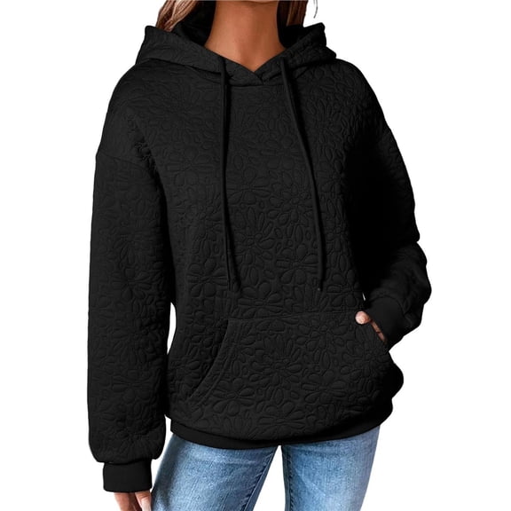 Women Hoodies Casual Long Sleeve Drawstring Jacquard Sweatshirt Pullover Tops Loose Outfits Clothes Black S