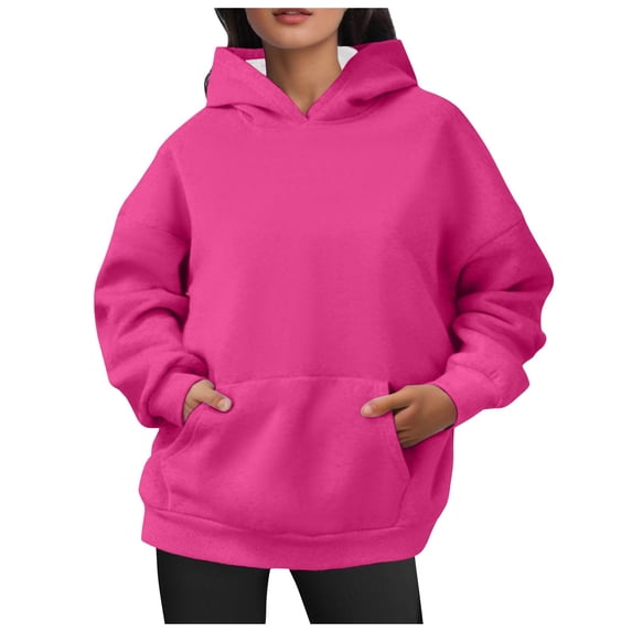 Women Hoodies Casual Oversized Hoodies Solid Color Long Sleeve With Pockets Sweatshirts Womens Tops,Hot Pink,L