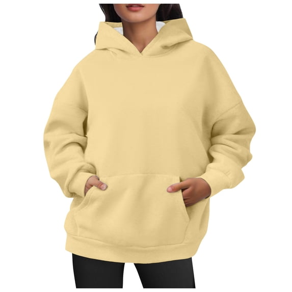 Women Hoodies Casual Oversized Hoodies Solid Color Long Sleeve With Pockets Sweatshirts Womens Tops,Light Yellow,2XL
