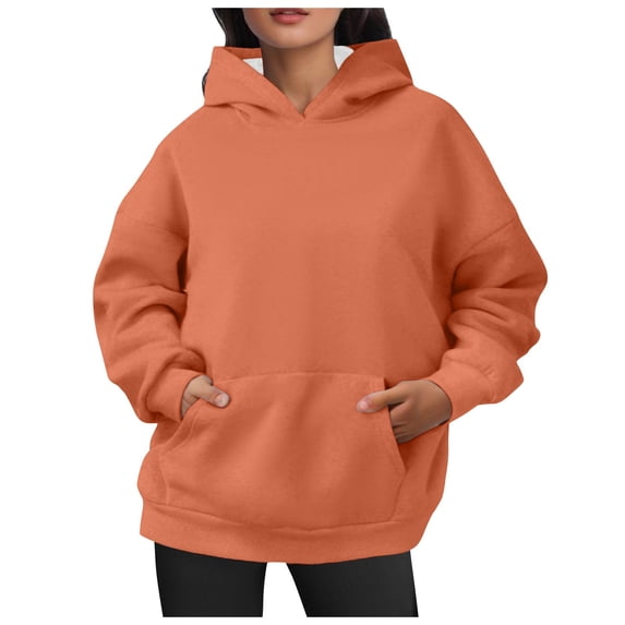 Women Hoodies Casual Oversized Hoodies Solid Color Long Sleeve With Pockets Sweatshirts Womens Tops,Orange,2XL