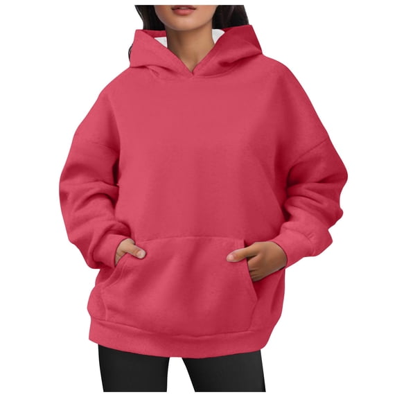 Women Hoodies Casual Oversized Hoodies Solid Color Long Sleeve With Pockets Sweatshirts Womens Tops,Watermelon Red,XL