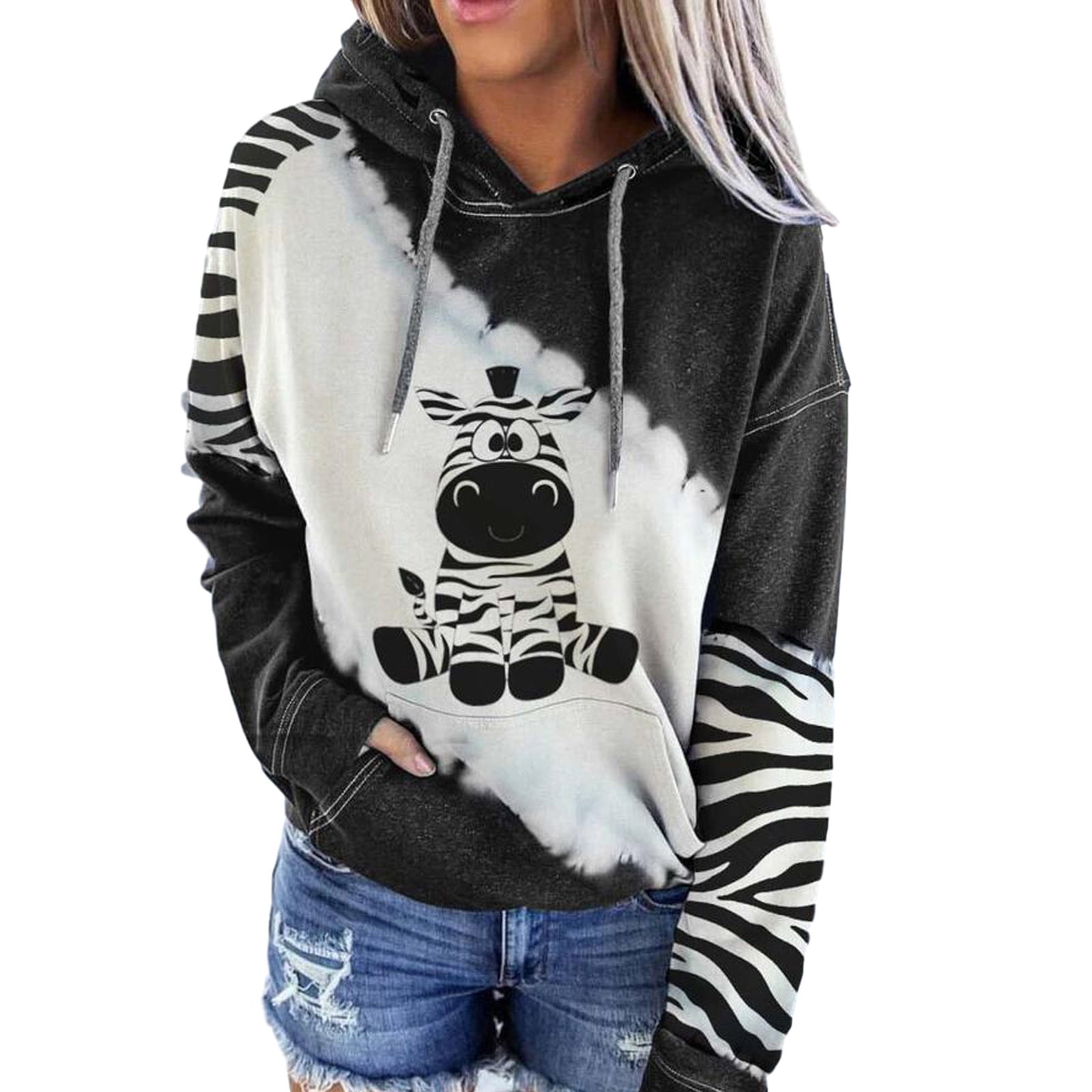 Women Hoodies Clearance Fashion Women Long Sleeve Color Block Cow Print
