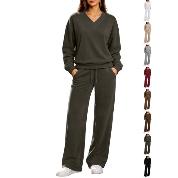 Women Hoodies Dqueduo Women's Casual Loose V-Neck Long Sleeve Pullover Top And High Waist Wide Leg Pants Tracksuit Set, Sizes S-XXL