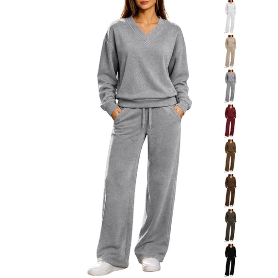 Women Hoodies Dqueduo Women's Casual Loose V-Neck Long Sleeve Pullover Top And High Waist Wide Leg Pants Tracksuit Set, Sizes S-XXL