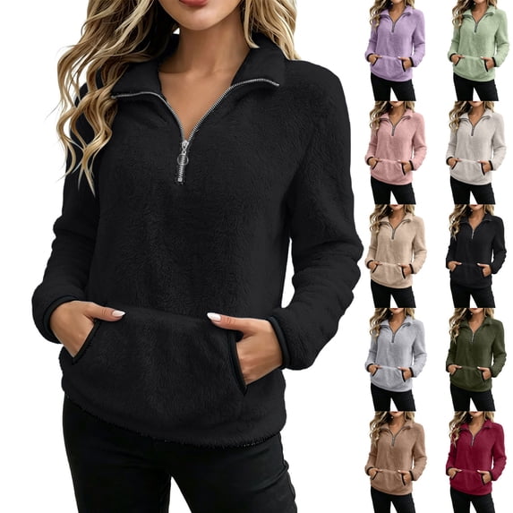 Women Hoodies Dqueduo Women's Double-Sided Fleece Zip Front-Pleated Pullover – Stand Collar Hoodie with Pockets Black XXL