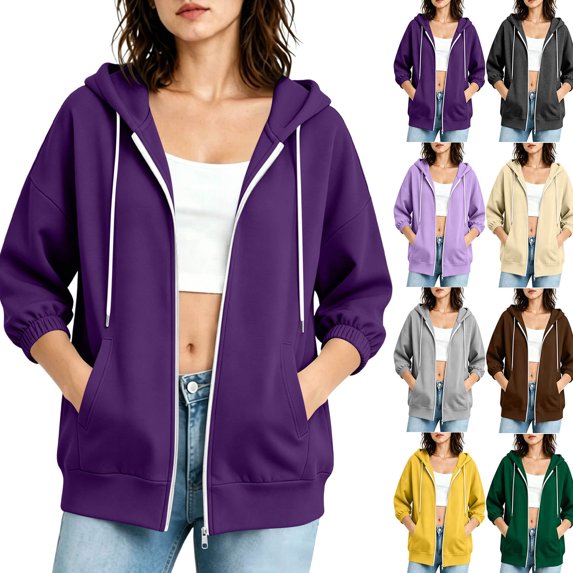 Women Hoodies Dqueduo Women's Oversized Casual Solid Color Zip-Up 3/4 Sleeve Elastic Cuff Jacket – Drawstring Hoodie Watermelon Red L
