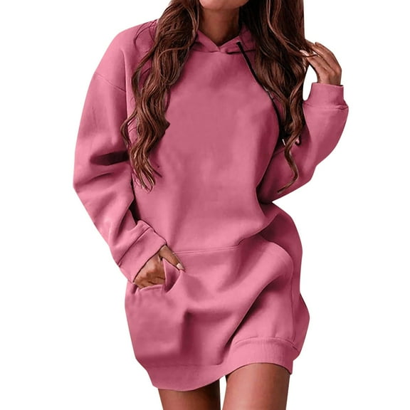 Women Hoodies Dress Hooded Sweatshirts Dress Casual Drawstring Long Sweatshirt Pullover Fall Cute Clothes Tops