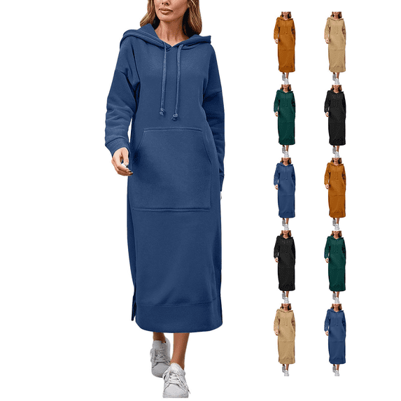 Women Hoodies Dress Sweatshirt Pullover Maxi Dresses with Pocket Oversized Casual Solid Color Fall Winter Clothing