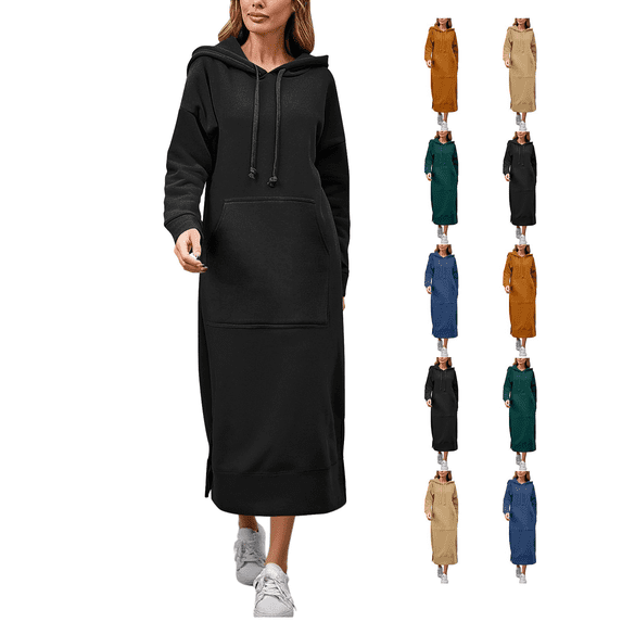 Women Hoodies Dress Sweatshirt Pullover Maxi Dresses with Pocket Oversized Casual Solid Color Fall Winter Clothing