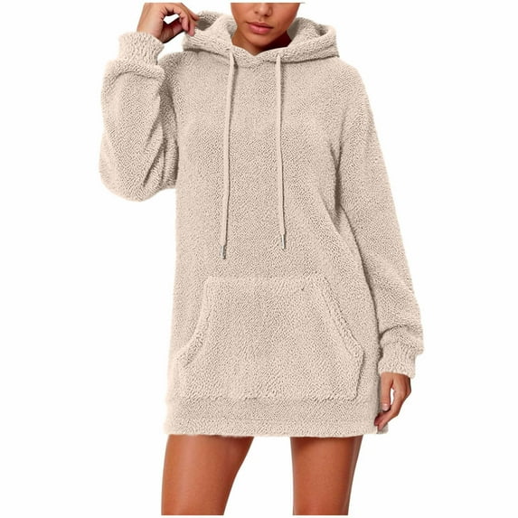Women Hoodies Dress Winter Warm Sweatshirts Dress Oversized Casual Long Sleeve Mini Dress with Pocket