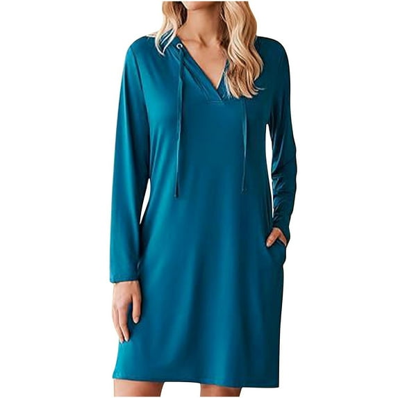 Women Hoodies Dresses Long Sleeve Sweatshirts Dress Drawstring Pullover Lightweight with Pockets Tennis Mini Dresses