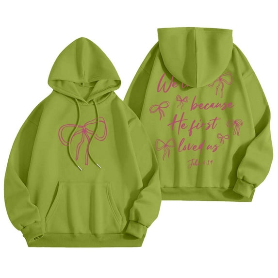 Women Hoodies Fall Vintage Bow Print Hoodies Oversize Long Sleeve Graphic Sweatshirts Trendy Preppy Tops Drop Shoulder Design Streetwear Sweatshirt for Women Green M