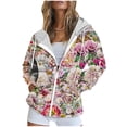 thumbnail image 1 of Women Hoodies Floral Print Long Sleeve Zip Up Sweatshirts Fashion Casual Drawstring Hooded Zipper Sweatshirt with Pockets Comfy Soft Hoodie Lightweight Jackets for Ladies, 1 of 6