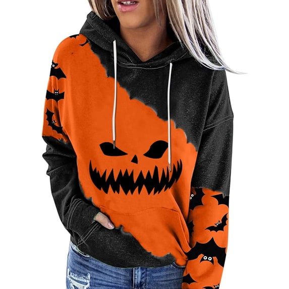 Women Hoodies Halloween Casual Colorblock Pumpkin Face Print Sweatshirt Long Sleeve Pullover Tops Fall Winter Warm Orange XXL