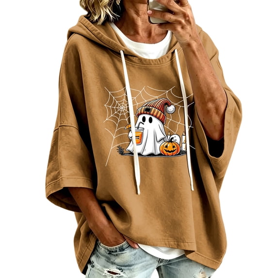 Women Hoodies Halloween Thin Ghost Pattern Print 3/4 Sleeve Holiday Party Pullover Sweatshirt Tops Fall Warm Apparel Khaki L