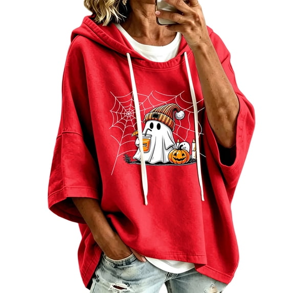 Women Hoodies Halloween Thin Ghost Pattern Print 3/4 Sleeve Holiday Party Pullover Sweatshirt Tops Fall Warm Apparel Red XL
