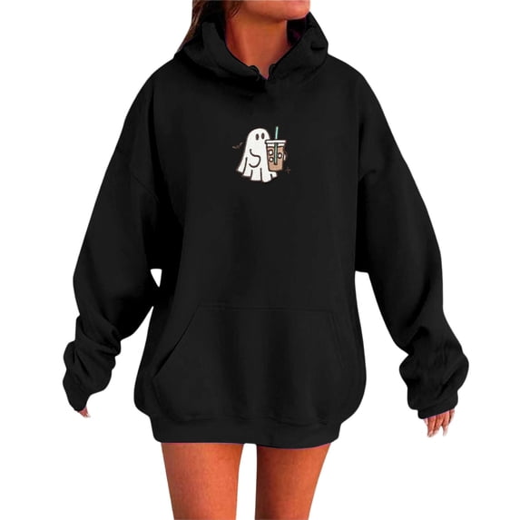 Women Hoodies Halloween Unisex Cute Little Ghost Print Sweatshirt Long Sleeve Pullover Tops Fall Winter Warm Apparel Black L