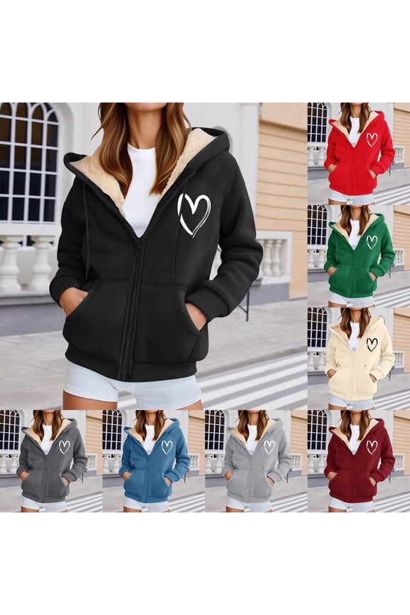 Women Hoodies Heart Print Zip Hooded Sweatshirt Plush Gentle Skin Friendly Warm Loose Fit Daily Outerwear Womens Sweatshirts