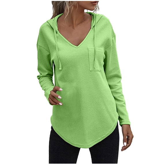 Women Hoodies High Low Hem Waffle Knit Tunic Sweatshirt With Pockets Long Sleeve Tops V Neck Solid Drawstring Shirts