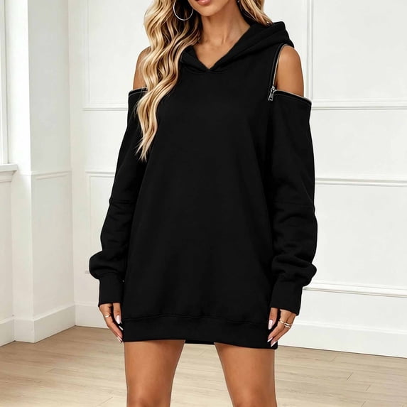 Women Hoodies Off-shoulder Hoodies Long Sleeve Plain Tunic Cold Shoulder Pullover Oversized Hooded Sweatshirt Women's Fall 2026 Outfits(Black,L)