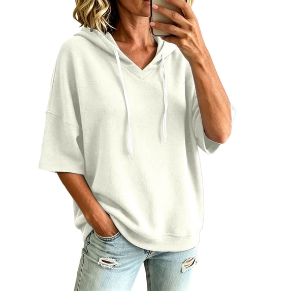Women Hoodies Relaxed Bat Sleeve Hooded Sweatshirt with Drawstring Pullover for Spring Summer Fall Women Sweatshirt White Jacket