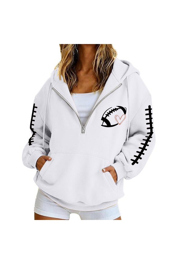 Women Hoodies Rugby Game Print Hooded Zip Up Sweatshirt Tops Rugby Long Sleeve Fall Winter Sports Activewear Jacket