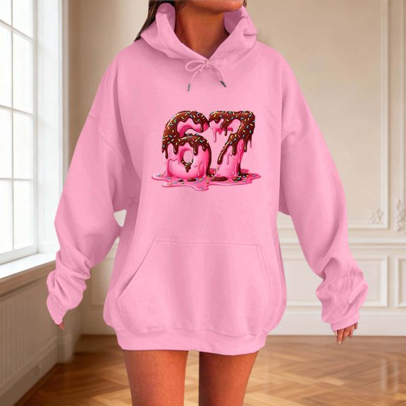 Women Hoodies Sweatshirts 6 7 Six Seven Letter Hoodies Sweatshirts Comfortable Lady 67 Number Six And Letters Slang Ice Dripping Funny Hoodie Pink S