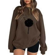 Women Hoodless Sweatshirts Sunflower Printed Long Sleeve Clothes Loose Fit Fall Winter With Drop Shoulder Tops Office Workout Sweatshirt For Woman