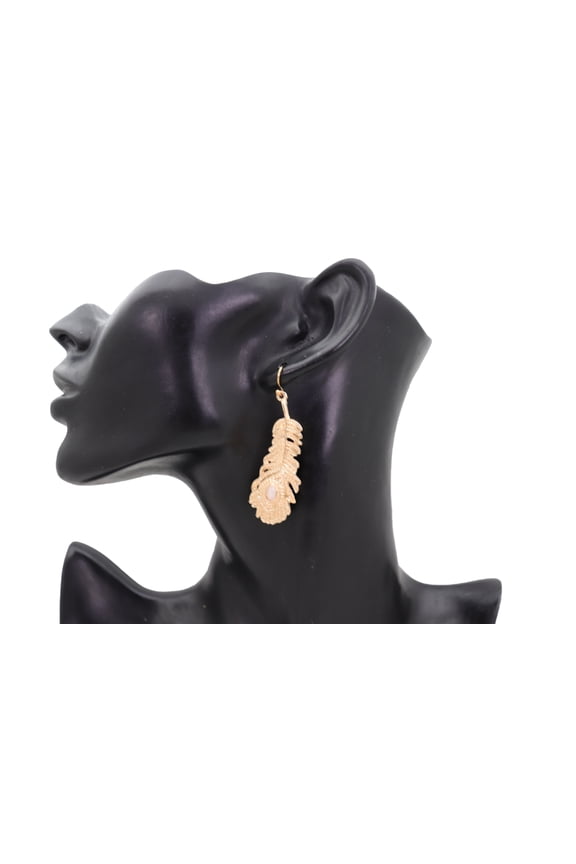 Women Hook Earrings Gold Metal Bird Feather Peacock White Beads