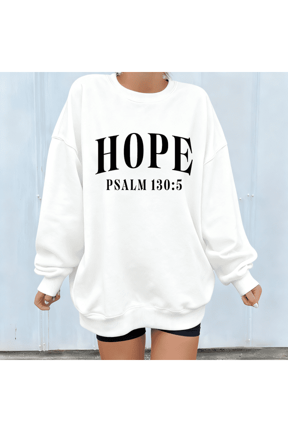 Women Hope Psalm 1305 Faith Graphic Tee Relaxed Fit T Shirt Top Inspirational Christian Round-neck long-sleeved white S-3XL
