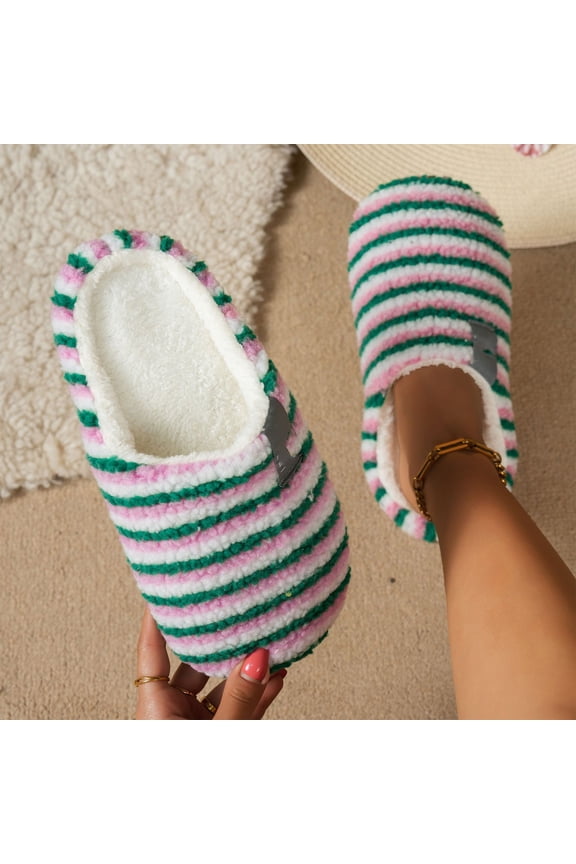 Women Horizontal Striped Woven Closed Back Mule House Slippers, Fluffy Plush Interior, Moderate Cushioned Footbed, Flexible Anti Slip Outsole, Minimalist Striped Silhouette for Year,Pink 9.5