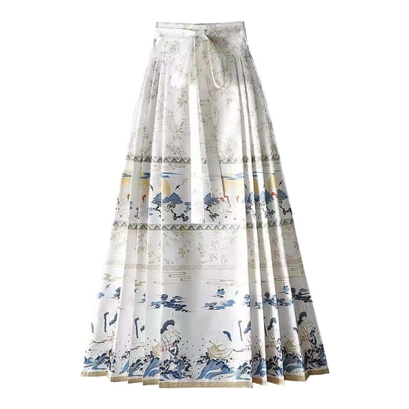 Women Horse Face Skirt Seft Tie Print Elegant Vintage Long Swing Maxi Pleated Skirts Chinese Traditional Hanfu