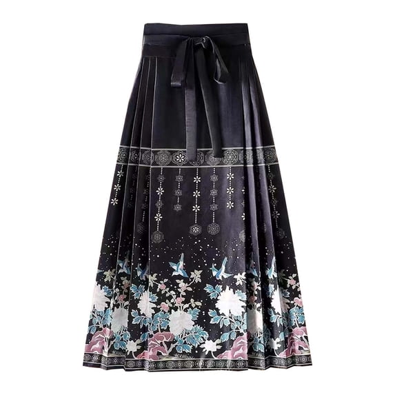 Women Horse Face Skirt Seft Tie Print Elegant Vintage Long Swing Maxi Pleated Skirts Chinese Traditional Hanfu