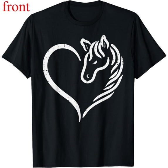Women Horse Heart Graphic Cotton T Shirt Casual Breathable Short Sleeve Round Neck Top Black S-5XL