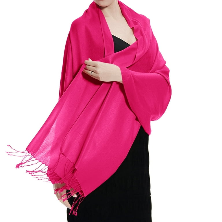 Women's Extra Long Silk Pashmina Scarf, Hot Pink, Soft Solid Plain