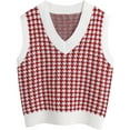 thumbnail image 1 of Women Houndstooth Pattern Knit Sweater Vest Sleeveless Loose V-Neck 90s Waistcoat Pullover Knitwear Top, 1 of 6