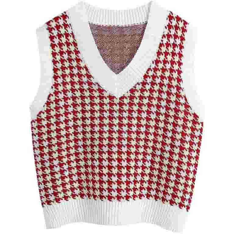 Women Houndstooth Pattern Knit Sweater Vest Sleeveless Loose Women Houndstooth Pattern Knit Sweater Vest Sleeveless Loose