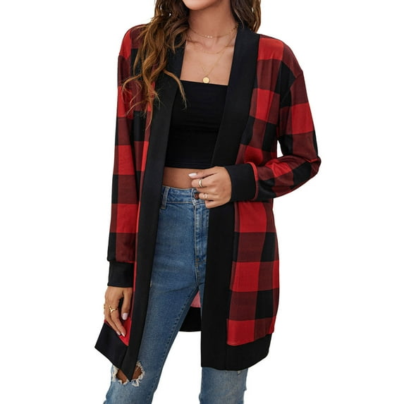ZXSXSY Women Houndstooth Plaid Print Waterfall Neck Mid Length Long Sleeves Cardigan