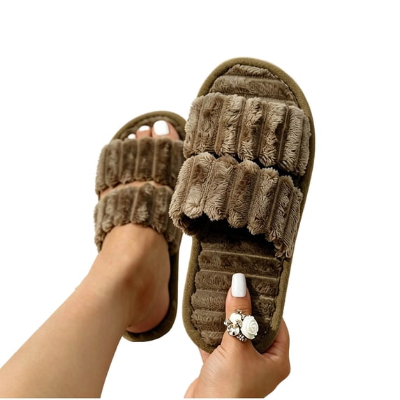 Women House Slippers Round Toe Open Toe Slide on House Slippers Warm Home Footwear with Striped Dual Tone Strap Non Slip Flat Soled for Fall Winter Indoor Outdoor Casual Wear