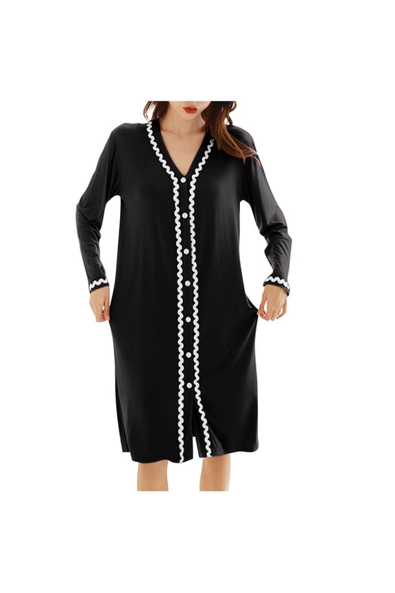 Women Housecoat Lightweight Button Front Robe House Coat Long Sleeve Short Bathrobes Soft Nightgown Shower Robe Black L