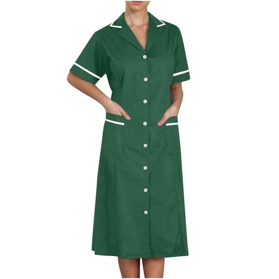 Women Housekeeping Dresses Workwear Scrubs Dress 2025 Stretchy Button Front Short Sleeve Lapel Working Uniform