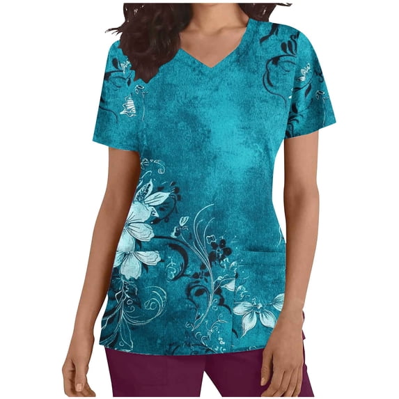 Women Housekeeping Uniforms Tunics Vneck Short Sleeve Scrub Blouses Top Cleaning Uniform Clothes with Pockets