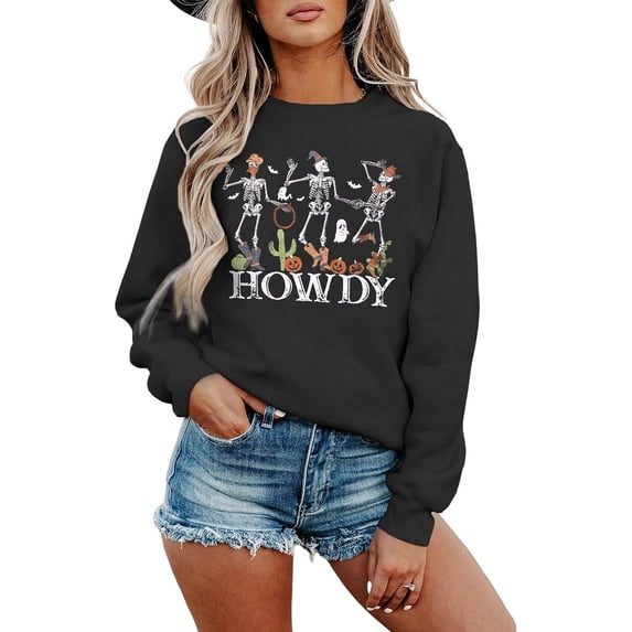 Women Howdy Western Cowboy Skeleton Sweatshirt, Retro Halloween Oversized Crewneck Pullover