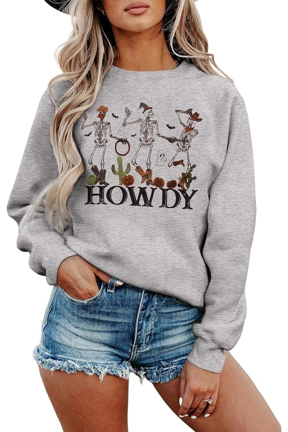 Women Howdy Western Cowboy Skeleton Sweatshirt, Retro Halloween Oversized Crewneck Pullover
